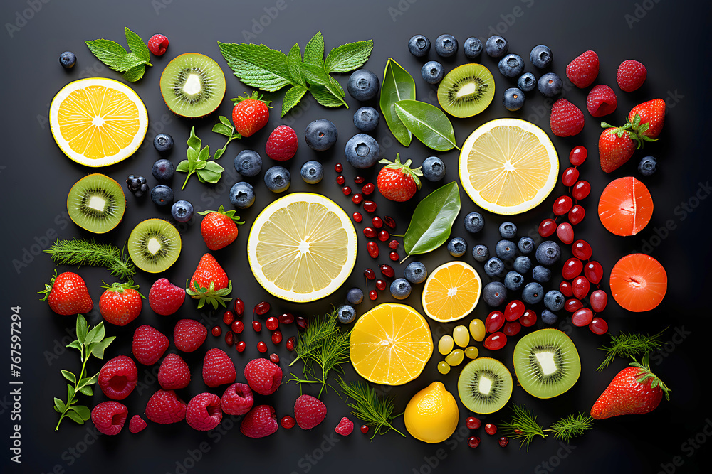 various berries, fruits and vegetables on a dark background. products and food. view from above various berries, fruits and vegetables on a dark background. products and food. view from above