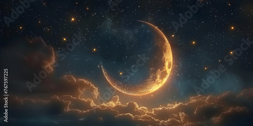 The moon and the stars in the sky,Bright Crescent Moon Illuminating the Night Sky AI