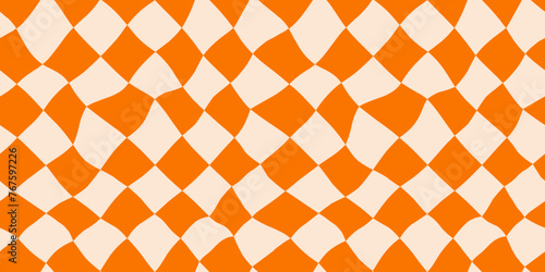 Seamless orange diagonal checkerboard pattern. Repeated distorted checkered texture. Groovy trippy abstract surface background. Vector vintage retro style wallpaper for textile, fabric, wrapping paper