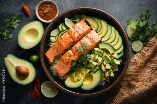top view of Hawaiian dish with salmon, avocado and cucumber on wooden table