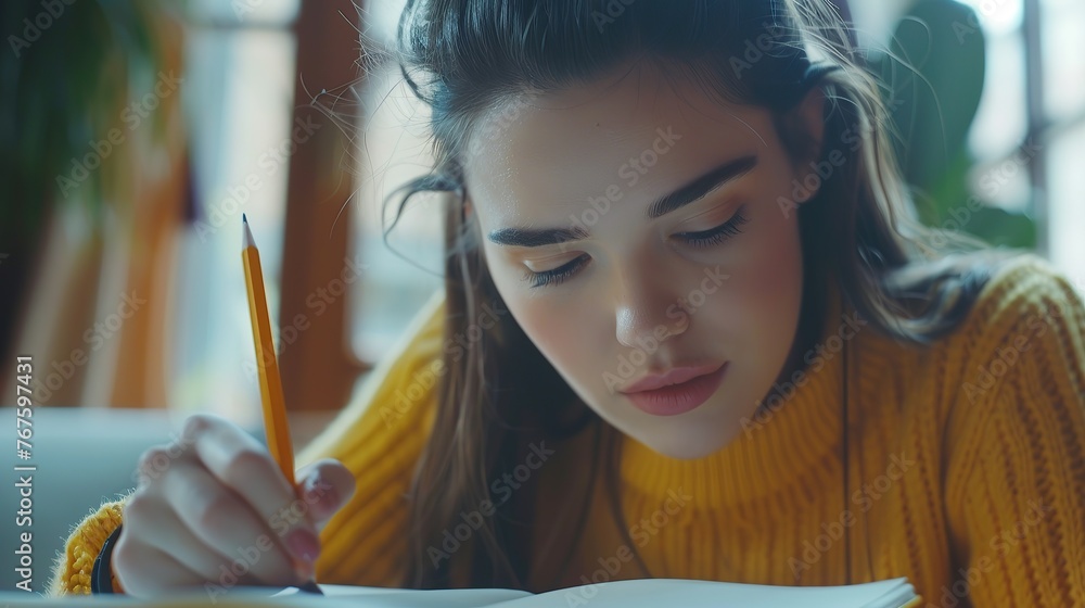 Close up view of millennial woman sit at table hold pencil take notes to paper notebook working studying. Female student businesswoman employee write records to daily planner by hand at home. - obrazy, fototapety, plakaty 