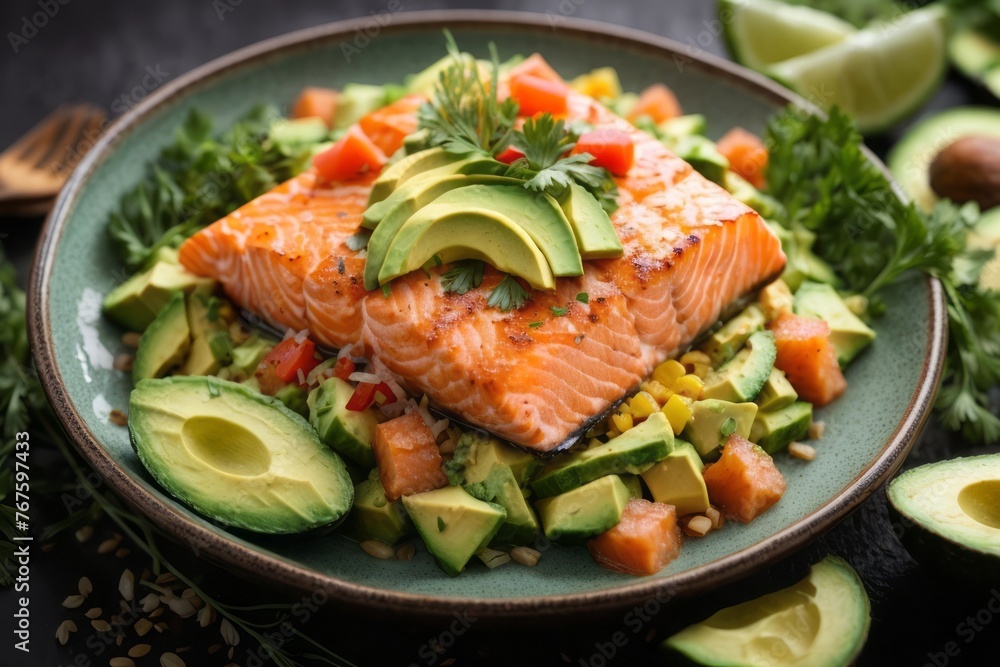top view of Hawaiian dish with salmon, avocado and cucumber on wooden table top view of Hawaiian dish with salmon, avocado and cucumber on wooden table