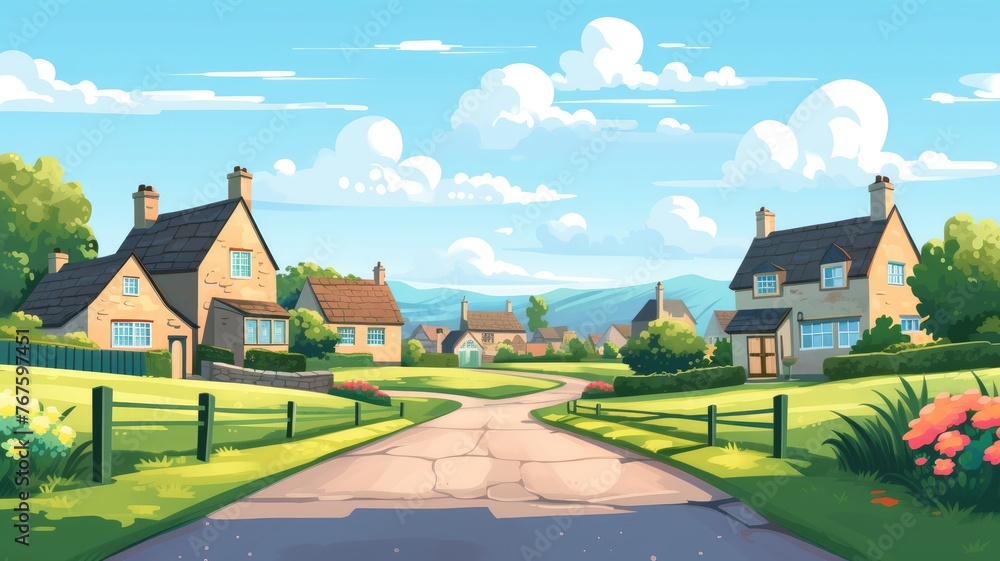 cartoon village scene with charming houses and lush greenery under a clear sky cartoon village scene with charming houses and lush greenery under a clear sky