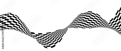 Black and white wavy bent ribbon element. Curved checkered stripe background. Liquid abstract line wallpaper for banner, cover, poster, presentation, brochure, flyer. Vector optical illusion backdrop