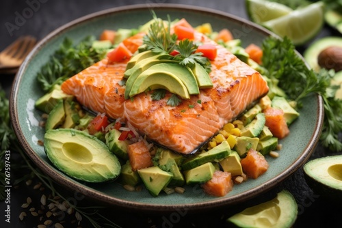 top view of Hawaiian dish with salmon, avocado and cucumber on wooden table