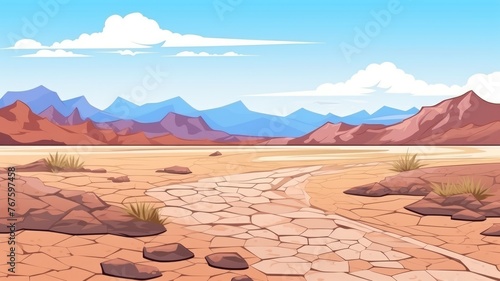 cartoon desert scene with cracked ground and distant mountains under a clear sky