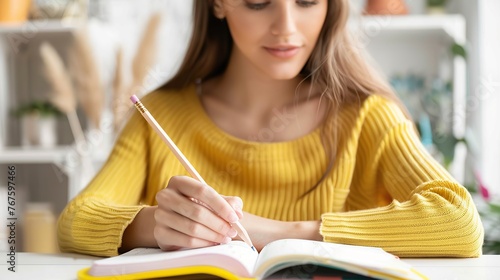 Close up view of millennial woman sit at table hold pencil take notes to paper notebook working studying. Female student businesswoman employee write records to daily planner by hand at home.
