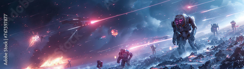 Epic battle scene of machines vs aliens, futuristic war, intense and dramatic