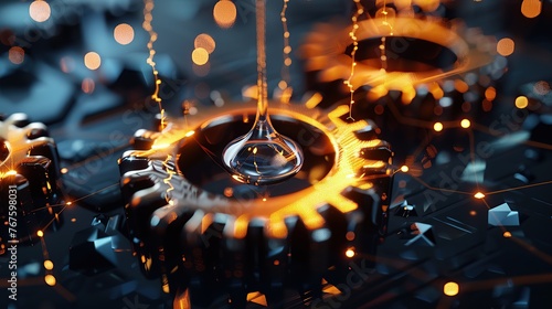 Detailed 3D illustration of a cog gear with drops of oil falling. Low poly style design. Geometric background. Wireframe light connection structure. Modern 3D graphic © Naknakhone