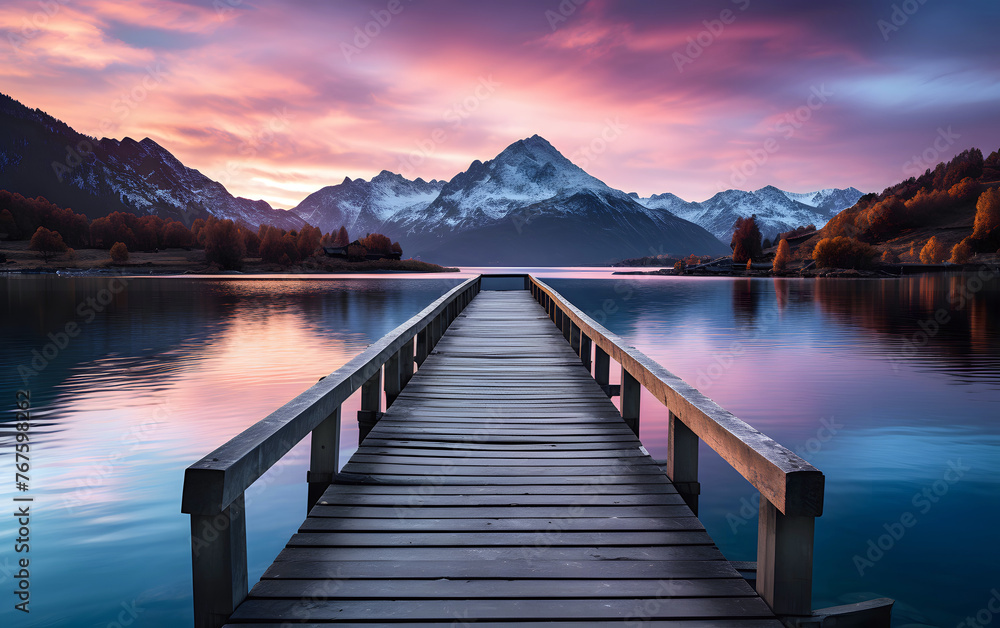 Wooden pier on the lake at sunset against the backdrop of the mountains. place for fishing and relaxation