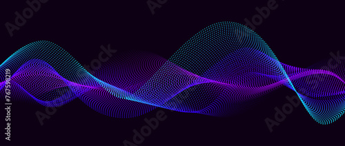 Neon flowing wavy dot lines on black background. Abstract sound wave design for ai concept, equalizer, audio record, voice assistant. Blue green purple gradient dashed curve stripes. Vector wallpaper 