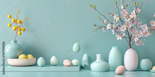 Spring Easter still life  modern decore Easter eggs in pastel blue and pink with flowers.