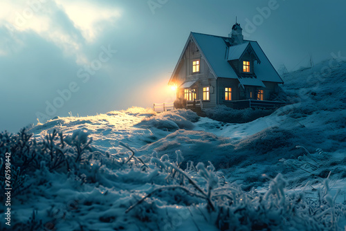 snow covered wooden house with light from the windows on a frosty winter evening against the backdrop of beautiful nature