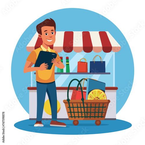 Color background with customer holding a smartphone