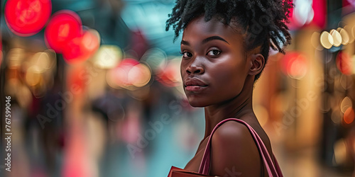 Portrait happy smile black young woman shopping in mall