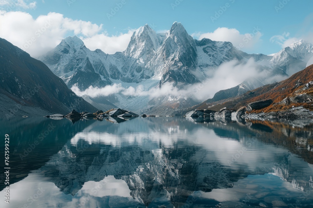 Landscape of snow-covered mountains with the tranquil  pool, focusing on the serene atmosphere