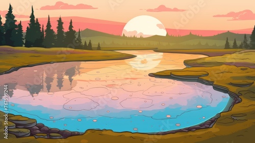 cartoon landscape with a reflective pond  lush greenery  and distant mountains