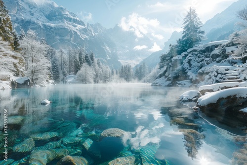 Landscape of snow-covered mountains with the tranquil pool, focusing on the serene atmosphere