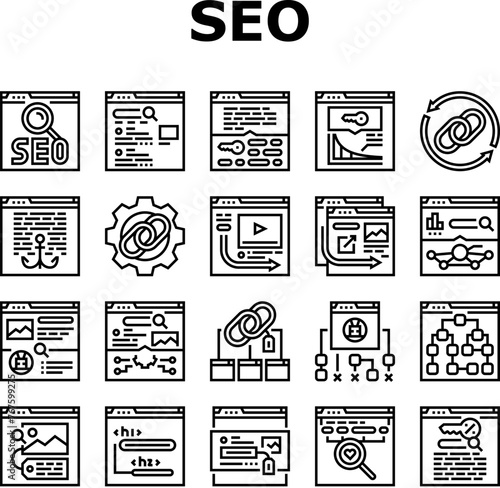 seo optimize community icons set vector. technical audit, market rank, search improve, marketing dashboard, report seo optimize community black contour illustrations