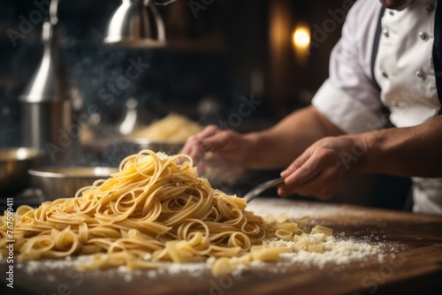Male chef making Italian handmade pasta in restaurant kitchen