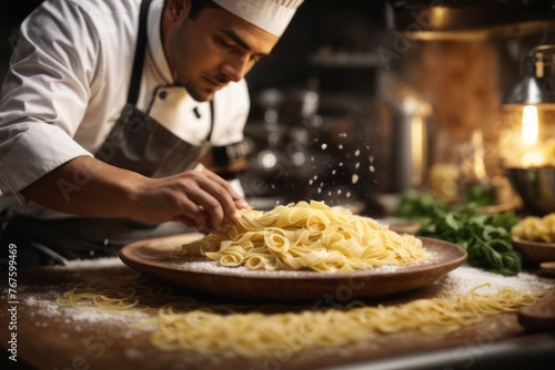 Male chef making Italian handmade pasta in restaurant kitchen