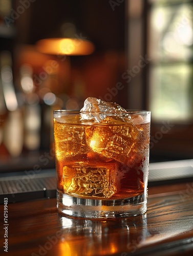 Old Fashioned presented on an oak bar top in a classic American speakeasy photo