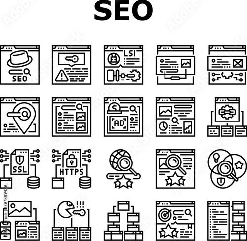 seo market rank search icons set vector. improve marketing, dashboard report, building result, top website, digital seo market rank search black contour illustrations