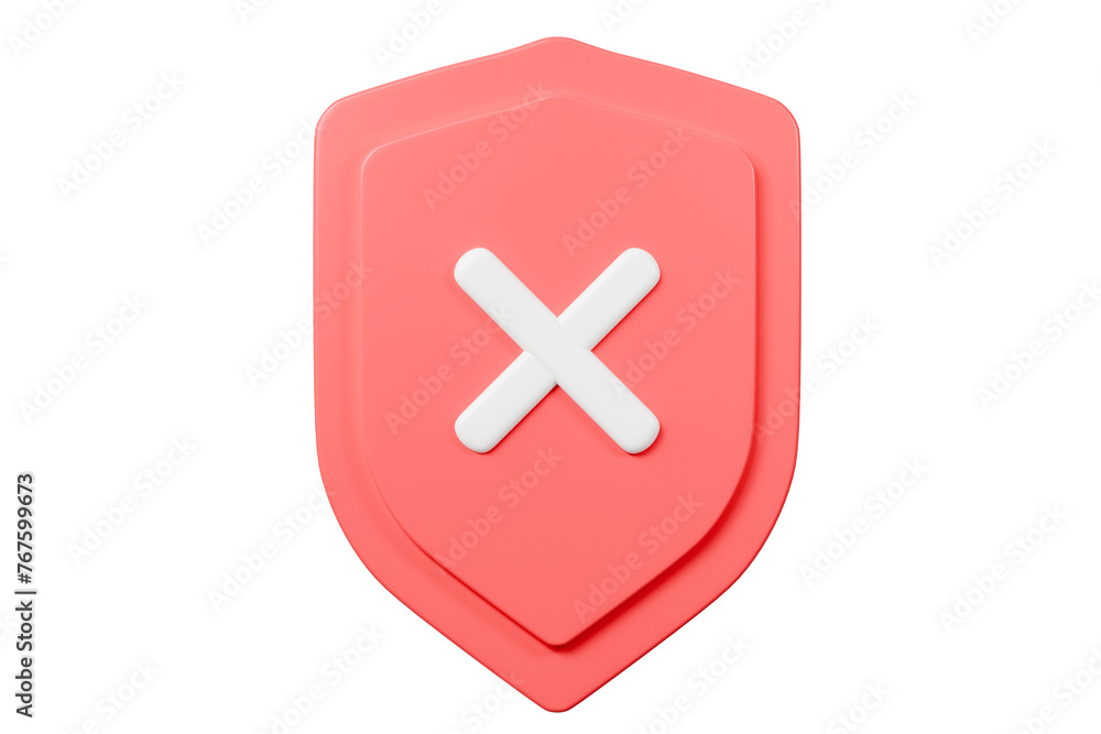 3d Realistic Shield unprotected with cross mark icon. Unprotection, Unapproved, Un security unsafe concept. Minimal blue and white shield verified badge icon isolated on red background. 3d rendering. 3d Realistic Shield unprotected with cross mark icon. Unprotection, Unapproved, Un security unsafe concept. Minimal blue and white shield verified badge icon isolated on red background. 3d rendering.