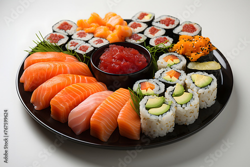 Sushi Set. Sushi Roll with Salmon, Cream Cheese and Raw Salmon inside. Sushi menu. Japanese food