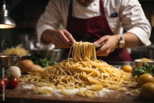 Male chef making Italian handmade pasta in restaurant kitchen