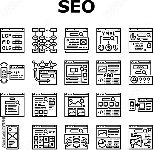 seo digital optimization strategy icons set vector. local service, analysis media, consulting web, ecommerce backlink seo digital optimization strategy black contour illustrations