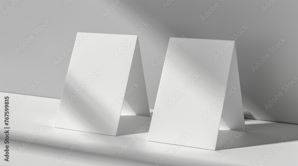 Fototapeta premium Two white cards with a triangle shape on them. The cards are placed on a table