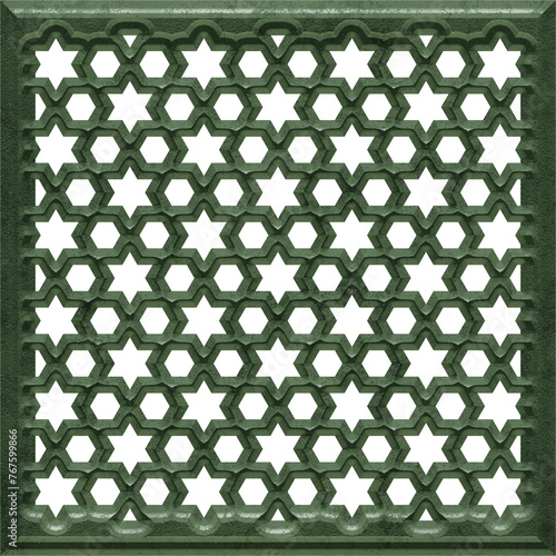 Arabic geometric pattern. Islamic ornament mashrabiya panel. Wall screen Islamic motif, 3d grill. Artistic metal casting. Illustration photo