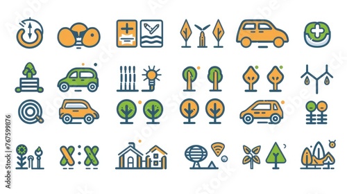 A collection of icons for various things, including cars, houses, and trees. The icons are all in a similar style and are arranged in a grid