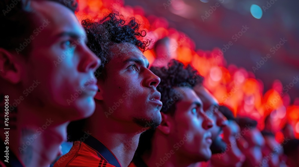 A group of men are watching a game, with some of them wearing orange jerseys. The atmosphere is intense and focused, as the players on the field are in the midst of a crucial moment A group of men are watching a game, with some of them wearing orange jerseys. The atmosphere is intense and focused, as the players on the field are in the midst of a crucial moment