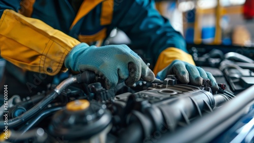 Professional auto mechanic works on car engine.