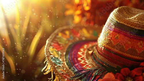 A colorful hat with a fringe sits on a table next to some flowers. The hat is decorated with a variety of colors and patterns, giving it a lively and festive appearance