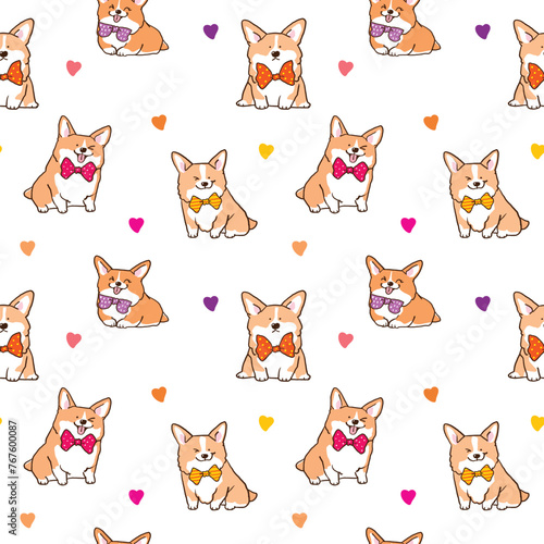 Seamless Pattern of Cute Cartoon Corgi Dog and Heart Design on White Background © Supannee