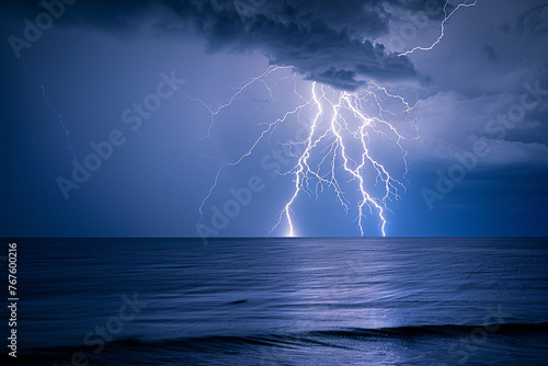 A lightning storm over a vast ocean, capturing the raw power of nature as lightning strikes illuminate the water