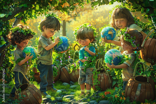 A joyful scene of children in a garden photo
