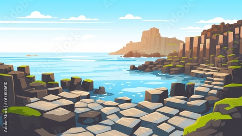  cartoon landscape of rocky shores and calm blue waters under a clear sky