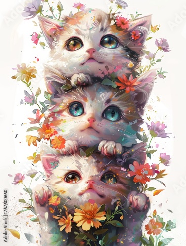 Pile cats on top of each other. cute cats group art illustration