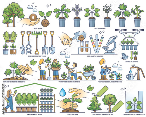 Reforestation preparation and tree planting work outline collection set. Elements for forest seedlings, soil sample analysis, mulching and watering vector illustration. Sustainable planet effort.