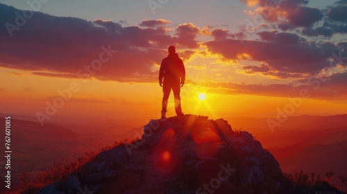 A man stands on a mountain top, looking out at the sunset. The sky is filled with clouds, creating a moody atmosphere. The man is lost in thought, taking in the beauty of the moment