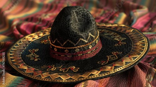 A black hat with gold trim sits on a colorful cloth. The hat is decorated with a variety of designs and patterns, giving it a unique and eye-catching appearance © vefimov