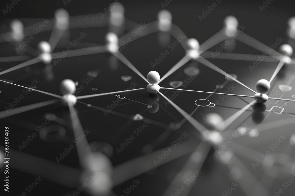 A close up of a black and white image of many small spheres connected to each other. Concept of complexity and interconnectedness, as each sphere is linked to others in a web-like pattern A close up of a black and white image of many small spheres connected to each other. Concept of complexity and interconnectedness, as each sphere is linked to others in a web-like pattern