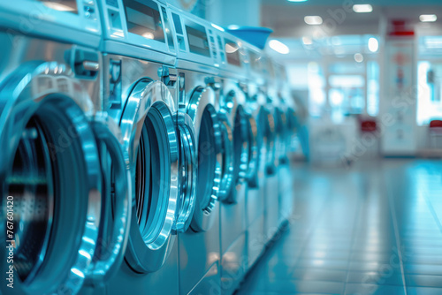 A row of washing machines are lined up in a laundromat. The machines are all silver and appear to be in use © vefimov