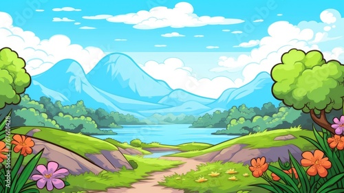 cartoon landscape with serene lake and distant mountains