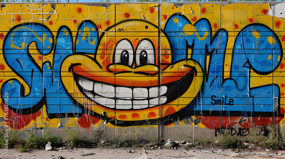 Obraz premium Street art, city, big smiley graffiti on the wall.