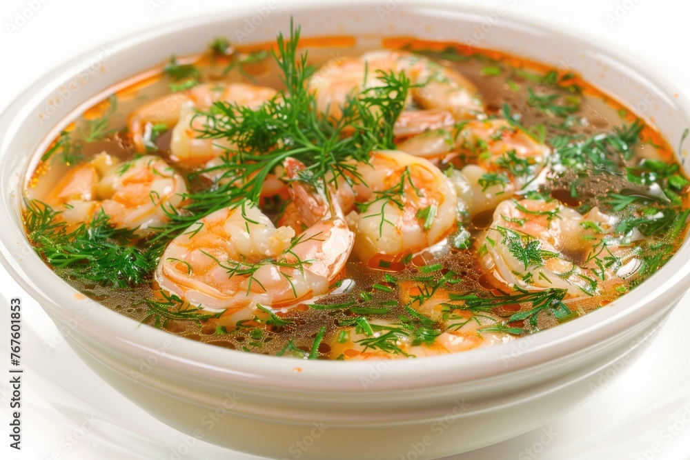 A bowl of shrimp soup with dill and parsley. The soup is full of shrimp and has a rich, savory flavor